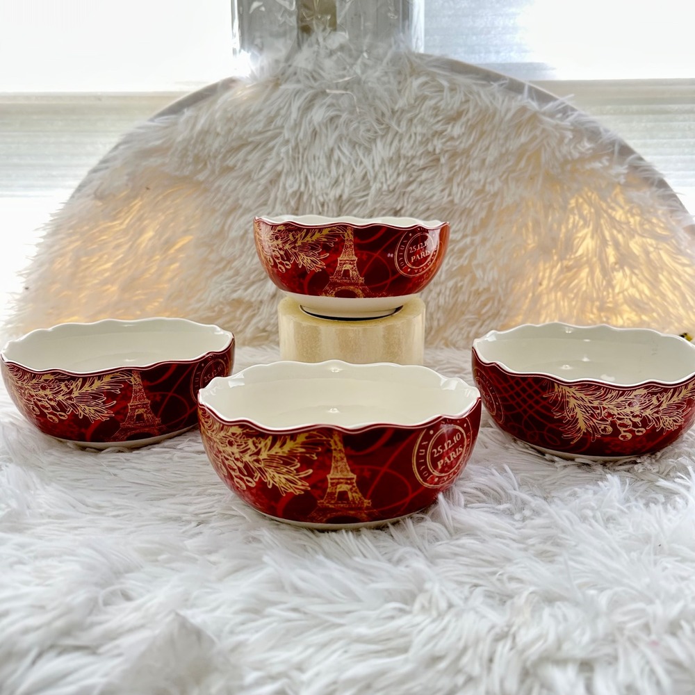 222 Fifth‎ Joyeux Noel Soup Cereal Bowl 5 Pc Red Gold Fine China